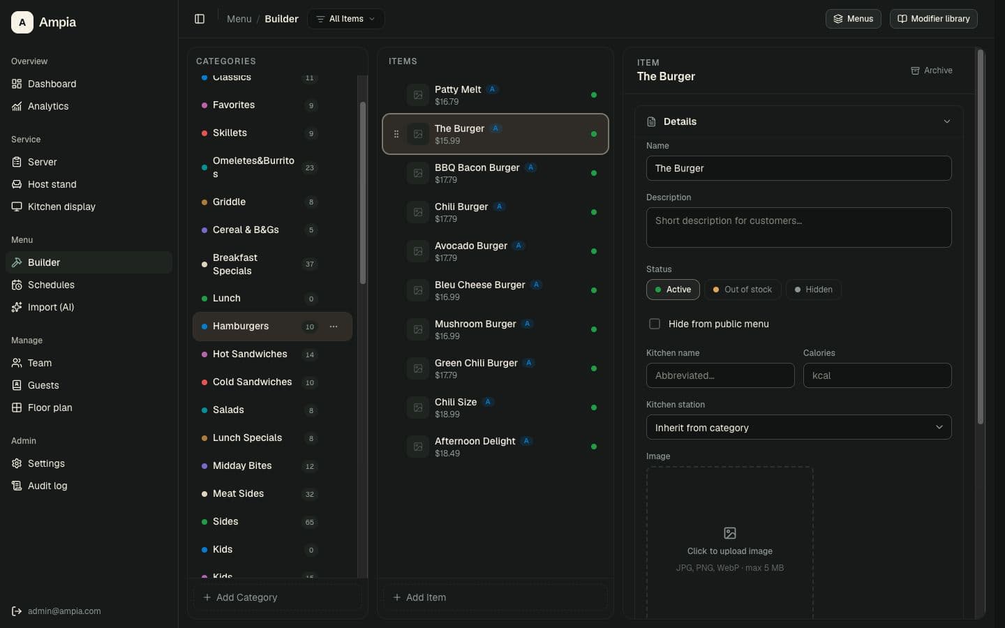 Ampia menu builder with categories, items, pricing, and availability controls