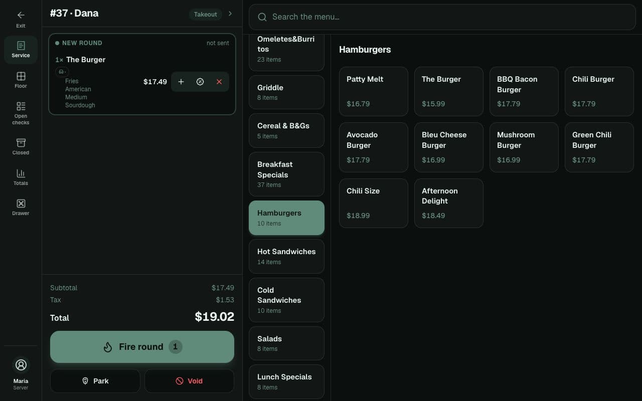 Ampia server POS with an open ticket and the menu grid